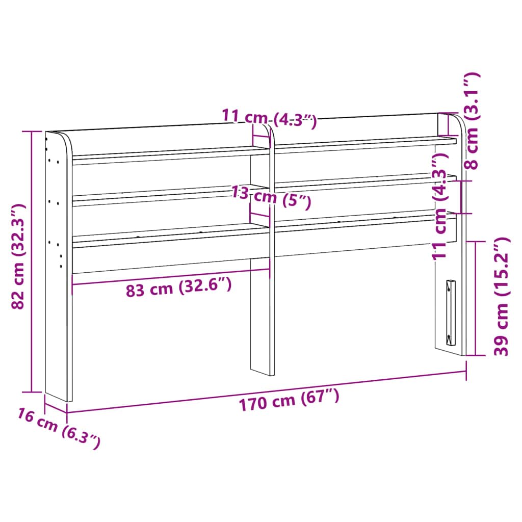 Testiera da letto in legno di pino massello da 160 cm, autoportante, con tre ripiani