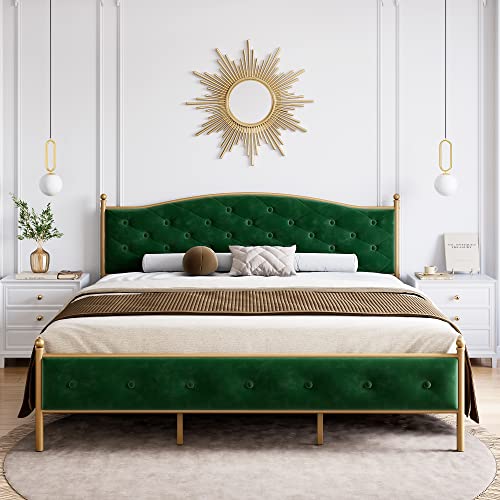 Senfot King Size Bed Frame Upholstered Platform Bed With Velvet And Button Tufted Headboard, Heavy Duty Metal Mattress Foundation And Wooden Slats, No Box Spring Needed In Gold And Green #TOP3