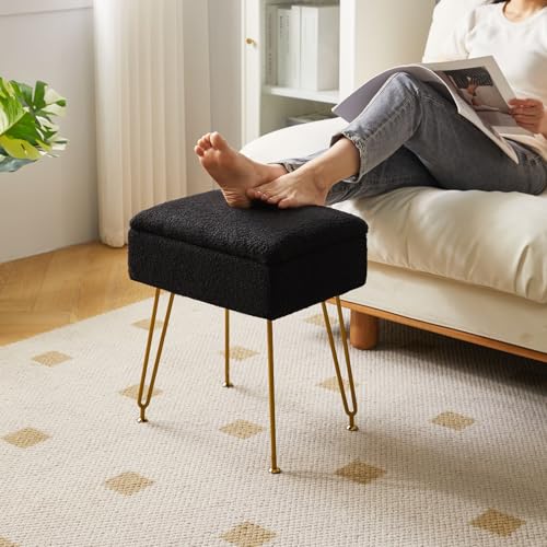 YMYNY Vanity Stool with Storage, Footstool, Square Teddy Fleece Makeup Vanity Chair, Ottoman Foot Rest with Soft Padded Seat for Bedroom Living Room Makeup Room 15.74\"D ×11.81\"W ×18.5\"H Black UHBD031B