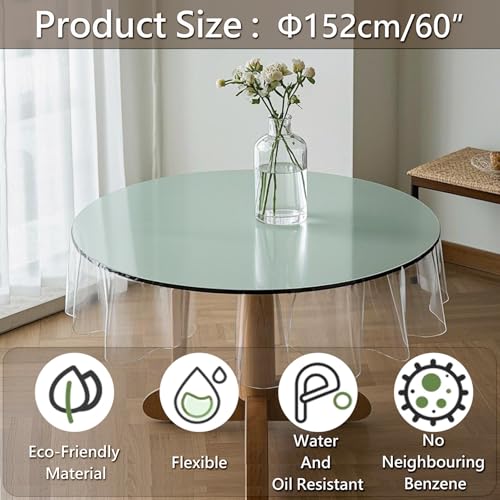 Transparente Tischdecke Runde,Tischdecke aus PVC,Tischdecke Transparent Rund Abwaschbar,Tisch Schutz,Tschdecke Plastik Transparen(Runde,Durchmesser 152 cm)
