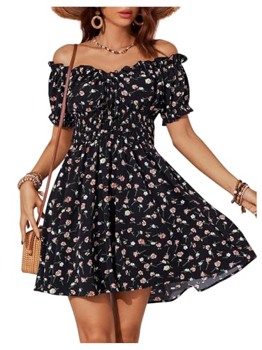 SweatyRocks Women's Off Shoulder Beach Dress A Line Summer Dress Casual Skater Dress Short Dress Casual Dress Boho Dress with Floral Pattern, black, L