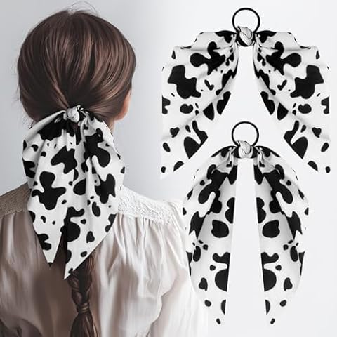 2 PCS Cow print Hair Band for Women Girls, Non-Slip Bowknot Elastic Hair Tie Ropes, Rabbit Bunny Ear Bow Ponytail Holder Hair Scrunchies Accessories for Curly Cover