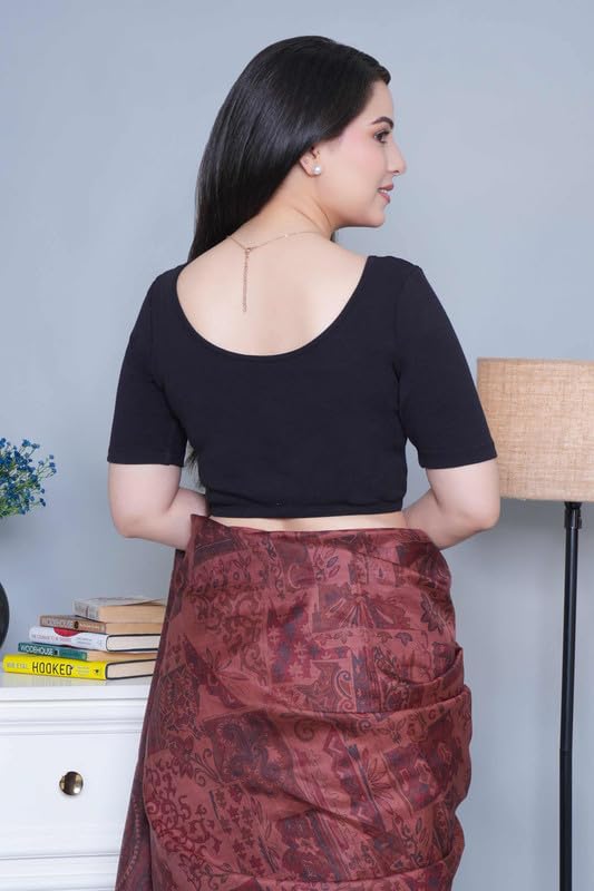 Image of Mlada V-Neck Stretchable Saree Blouse Top for Women | Slim Fit Short Sleeves Solid Cotton Blouses | Readymade Saree Blouses for Women Festive & Ethnic | Blouse Crop Top
