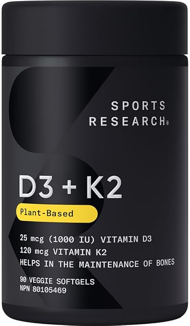 Sports Research® Vitamine D3 + K2 w/Coconut MCT Huile - Vitamine D végane 1000iu (25mcg) & Mk-7 Vitamine K 120mcg - Certifié végétalien · Non-OGM · Sans soja - 90 Mousselines