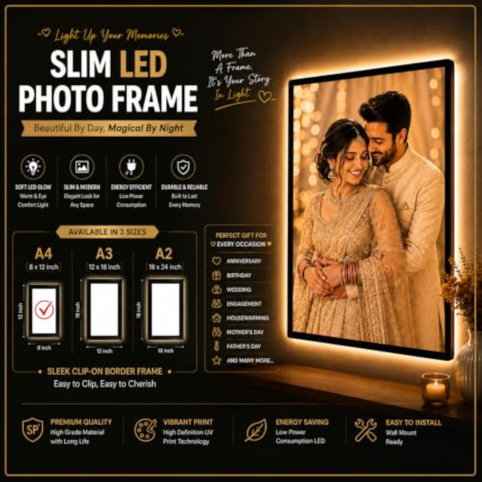 Customized LED Slim Photo Frame A4, Premium Acrylic Decor