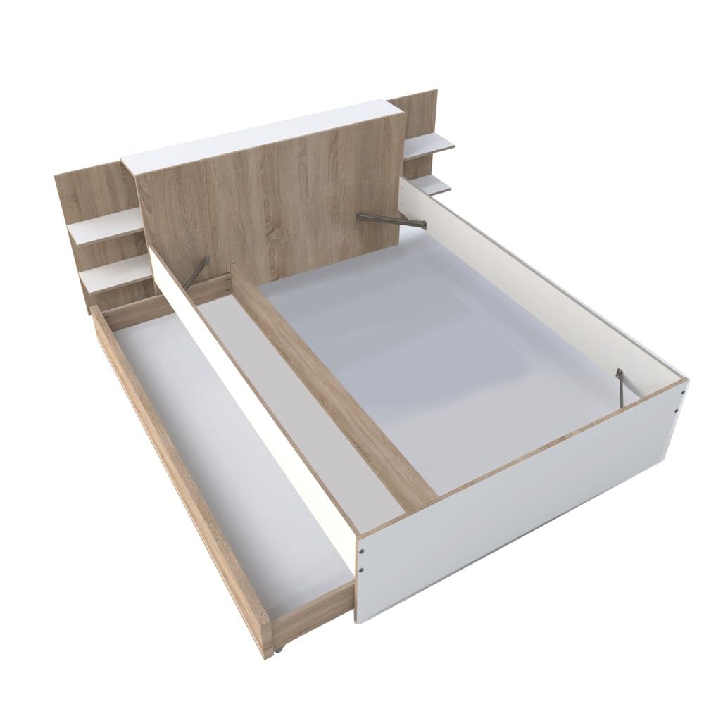 WEBER INDUSTRIES Lit City 140x190 + tête de lit Chevet + 1 tiroir/Décor Blanc & chêne Blanchi