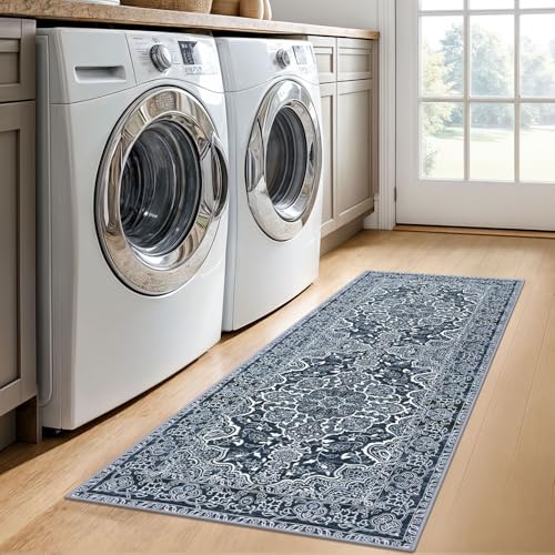 KUTA Vintage Washable Runner Rug, 2x5 Runners Non-Slip Navy Blue 5ft Hallway Kitchen Rugs Ultra Soft Printed Distressed Tribal Farmhouse Carpet for Bedroom Entryway Decor