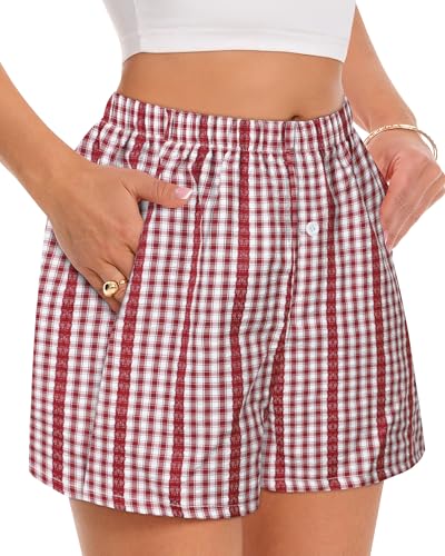 Image of Women Boxer Shorts Summer Gingham Pj Casual Plaid Bottoms with Pocket