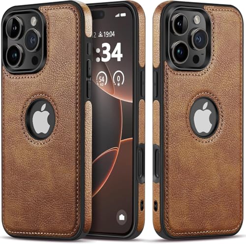 Image of amazon basics Genuine Leather Finish iPhone 16 Pro Back Cover Case | Raised Edges for Camera & Screen Protection | Back Case Cover for iPhone 16 Pro (Brown)
