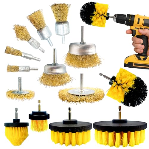 Wire & Plastic Drill Brushes for Cleaning - 9 Piece Wire Brush for Drill for Cleaning Rust, Paint, Wood, Metal - 5 Plastic Drill Brush Attachment for Carpet, Tub, Sink, Tiles, Baseboards - Pack of 14