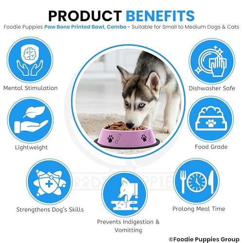 Image of Foodie Puppies Stainless Steel Dog Bowl Combo - (Medium, 700ml) Food and Water Feeding Gift Bowl | Suitable for Dogs, Cats and Other Pets I Paw Bone Print, Anti-Skid Rubber Base (Pink + Sky Blue)