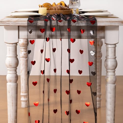 Image of Valentine Heart Table Runner Black Sheer Gauze Foil Table Runner 120 Inch