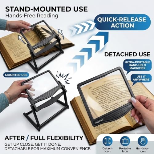 Image of MAGNIPROS 5X Rechargeable LED Page Magnifier with Foldable Stand, Hands-Free Lighted Magnifier with 3 Color Modes, Anti-Glare Lens for Reading Small Print, Low Vision, Seniors, Crafts