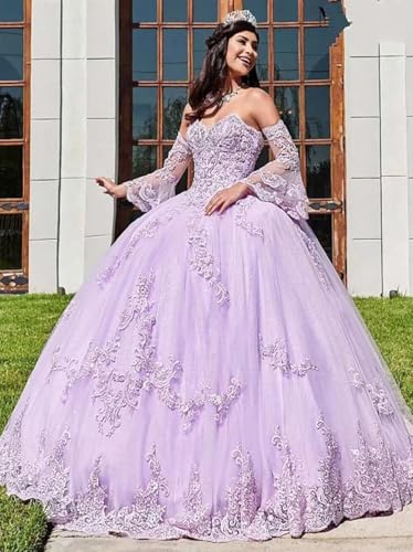 Strapless Tulle Quinceanera Dresses Detachable Long Sleeve Laces Appliques Formal Party Ball Gown for Women3