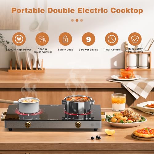 Image of 2 Burner Electric Cooktop 110V - 24 Inch(22.2 inchx 13.07 inch) Countertop Electric Stove with Handles 2000W, Two Burner Ceramic Burner with Touch and Knob Control, Timer, Safety Lock, 120V Plug in