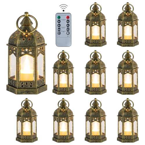 Hewory Mini Lanterns with Remote Control: Set of 10 Gold Decorative Lanterns for Centerpeces - Holiday Party Decoration for Wedding Ramadan Diwali Halloween Christmas