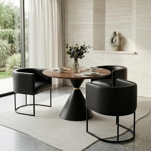 Image of HNY Mid Century Modern Upholstered Barrel Black Dining Chairs with Arms Set of 2, Leather Kitchen & Dining Room Chairs, 18.5 inch Wide Accent Chairs for Dining Room Living Room with Black Metal Frame