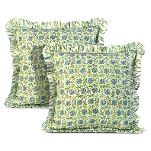 Ridhi Apple Green Block Print Ruffle Pillow Covers 18x18 Inch Set of 2