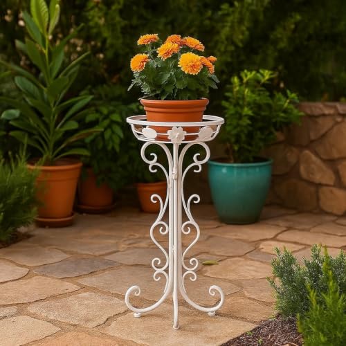 Image of Kundi Indoor Outdoor Wrought Iron Plant Stand, Tall Metal Iron Flower Pot Stand, 11.4 x 9.6 x 24.4 inches (Double Pot White) (Single Basket White)