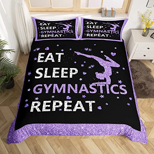 Homewish Double Bedding Sets for Girls,Eat Sleep Gymnastics Comforter Cover Purple Black Gymnastics Bed Set for Gymnast Glitter Sequins Love Hearts Stars Decor,1 Duvet Cover with 2 Pillow Cases