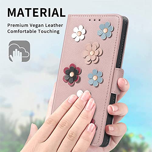 Étui en cuir de qualité supérieure iPhone 13 rose avec motif fleur 3D - 3