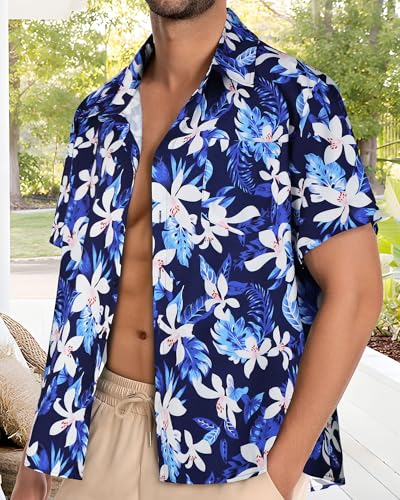 Image of Men Hawaiian Shirt Short Sleeve Summer Beach Button Down Shirts with Pocket