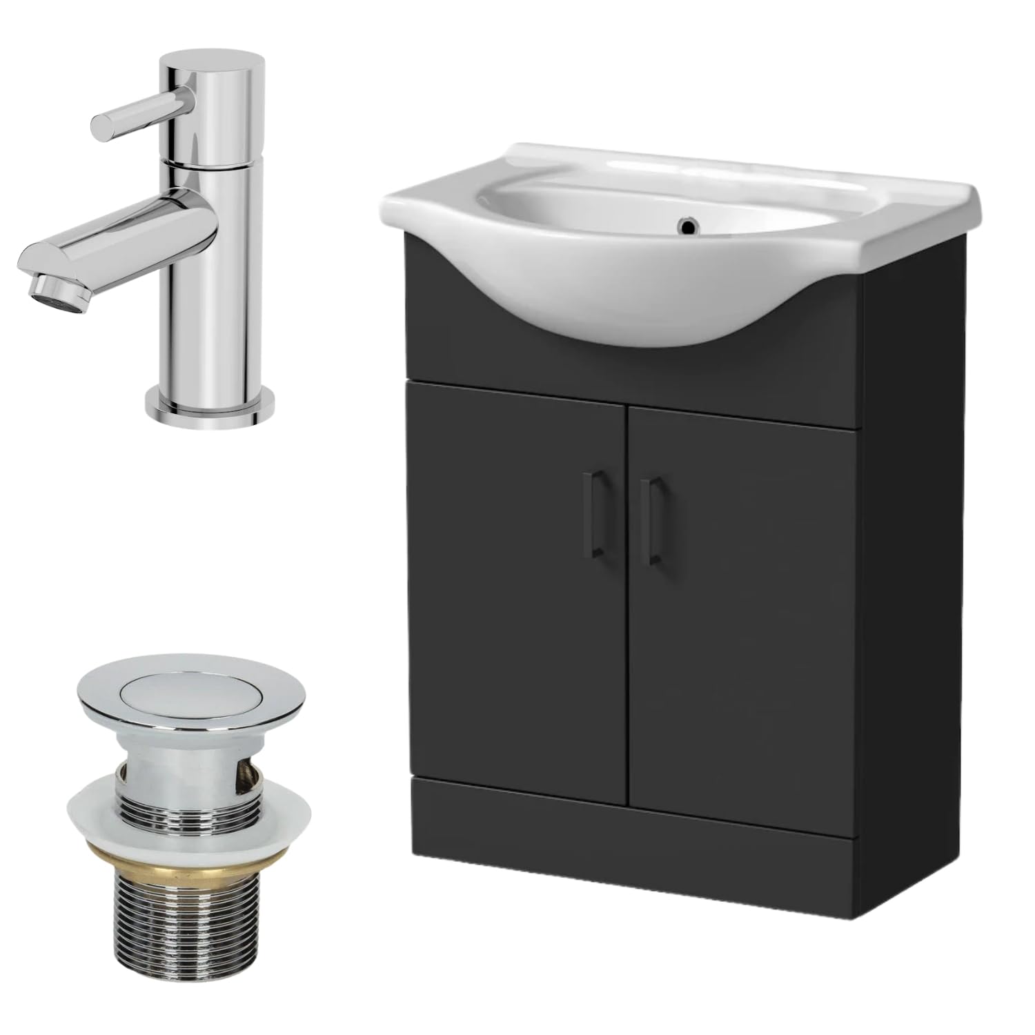 Affine® 650mm Bathroom Vanity Unit Ceramic Sink Floorstanding Storage Cabinet Cupboard & Malmo Basin Tap & Waste Set, Matt Black — image 1