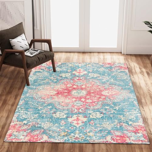 Belffin Machine Washable Living Room Rug, 4x6 Moroccan Area Rug for Home Decor.Blue Area Rug Kid Room.