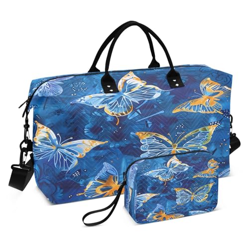 Butterfly Painting Blue Large Travel Duffle Bag Weekender Overnight Bags Gym Yoga Bag for Women Men with Toiletry Bag