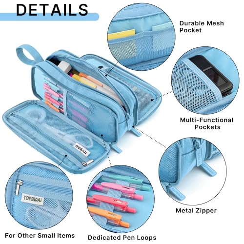 Image of TOPBIDAI Large Pencil Case Pouch for Girls Boy Women Men Adults | Big Capacity Canvas Pencil Bag, Office School Supplies, Multi Compartment Zipper Stationery Pen Box (Sky Blue)