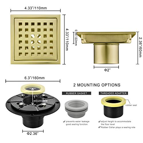 Orhemus 4 Inch Square Shower Drain With Adjustable Shower Drain Base Flange thumb #2