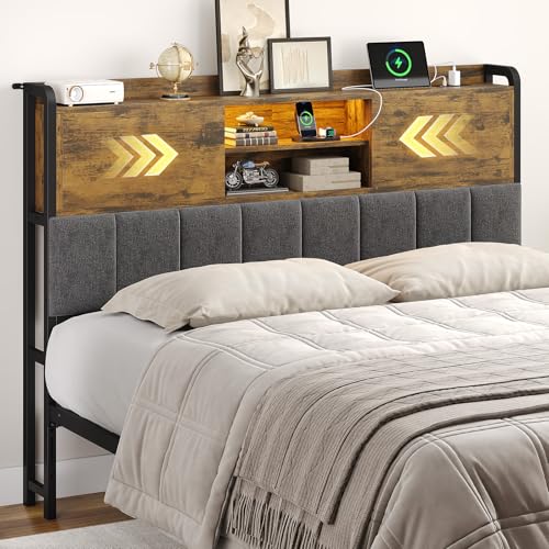 ONBRILL Headboard Queen Size with 3-Tier Storage Shelves Queen Bed Headboard Only with Sliding Doors LED Light and Charging Station Upholstered Headboards for Bed Rustic Brown