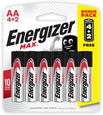 Energizer Max Alkaline AA Batteries - Long-Lasting 1.5V Power, Leak-Proof Design, Pack of 4+2