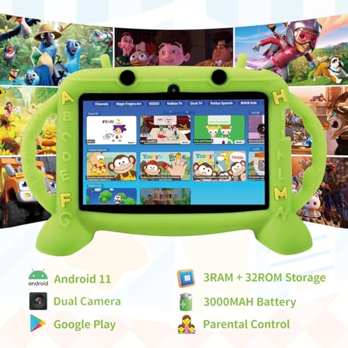 Image of Kids Tablet, 7 inch Tablet with Case for Kids 2-10, Educational Learning Toddler Tablet Android 11, 3GB RAM+32GB ROM Storage, WiFi,Bluetooth,with Google Play YouTube, Baby Girl boy Present(Green)