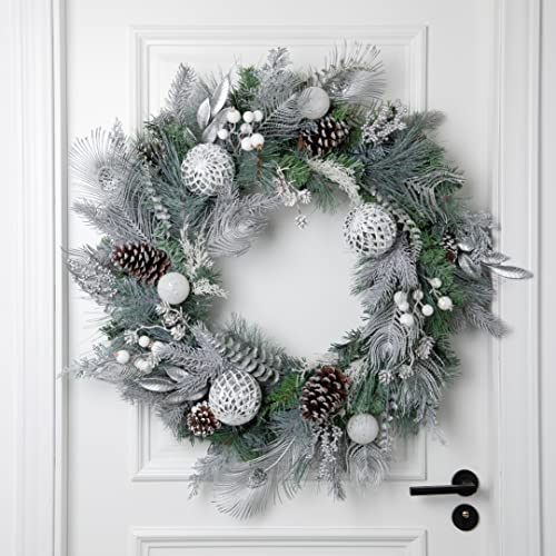 Valery Madelyn Pre-Lit 30 Inch Frozen Winter Silver White Large Lighted Christmas Wreath For Front Door With Ball Ornaments, Battery Operated 40 Led Lights, Holiday Decoration Fireplace Xmas Decor #TOP1