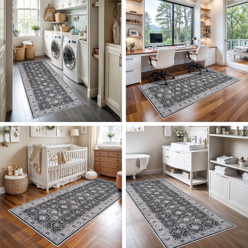 Hallway Washable Runner Rug - 3x6 Kitchen Rugs Entryway Rug Runner Vintage Soft Floor Mat Non Slip Indoor Farmhouse Carpet for Bathroom Living Room Bedroom (3 X 6, Black)