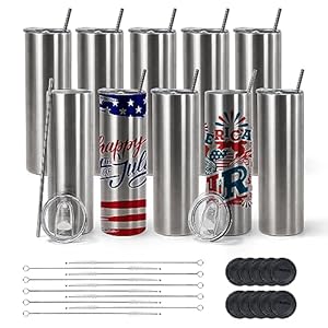 AGH 10 Pack 20oz Sublimation Tumblers Straight Skinny Tumblers, Stainless Steel Vacuum Insulated Tumblers with Lid and Straw, Double Wall Travel Coffee Tumblers, Keeping Chilled up to 12 Hours