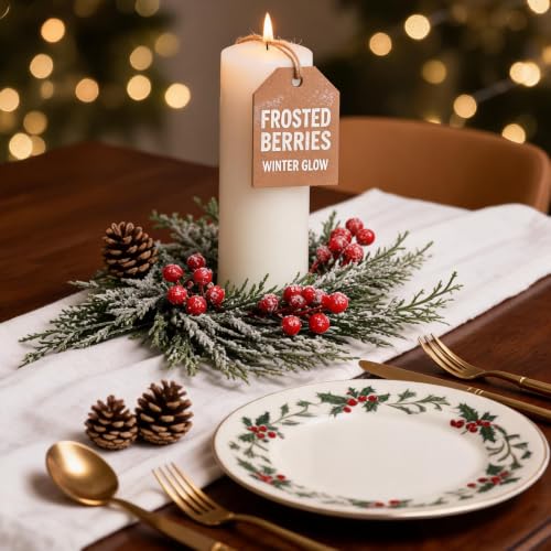 1 Pcs Candle Wreath, Christmas Table Decor, Snowy Red Berry Wreath Set - image 3