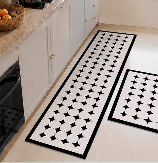 Image of HomeCloud Rubber Kitchen Mats for Floor Set of 2 Pcs | Non-Skid, Soft Absorbent Rugs for Kitchen, Laundry, and Hallway | 120x40cm, 40x60cm| 4mm Thickness (Black White Stars)