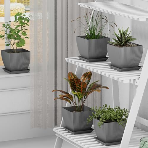 Image of ELUVIA 7-inch Square Planters with Saucers (Set of 5) - Modern Fluted Flower Pots with Drainage Holes and Trays - Premium Plastic Indoor Outdoor Plant Pots for Succulents, Flowers (Grey)