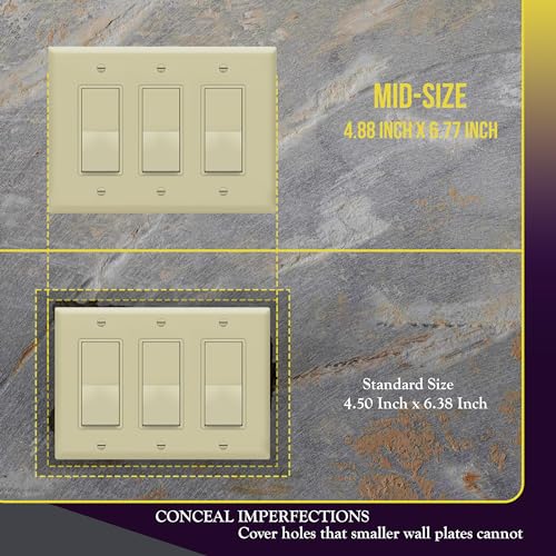 Image of ENERLITES Decorator Light Switch or Receptacle Outlet Wall Plate, 3-Gang 4.88 inch x 6.77 inch, Gloss Finish, Mid-Size, Polycarbonate Thermoplastic, UL Listed, 8833M-I, Ivory