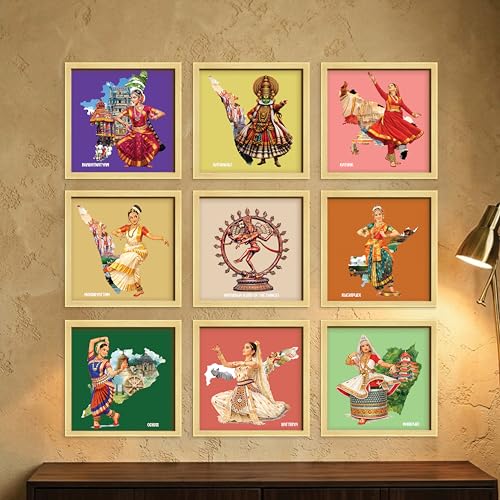Image of Indian Classical Dance forms Wall Art Paintings with Frame For Living Room | Traditional Indian Dance Culture Framed Wall Art Paintings for Home, Set of 9, (9x9 Inch)