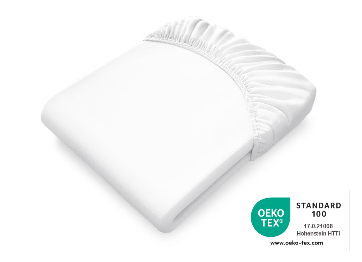 bett1 | Sábana Bajera Ajustable de Punto Jersey BODYGUARD® (90-100x200 cm; Blanco). Proporciona un Suave Confort al Dormir Gracias a su Agradable sensación sobre la Piel y su Ajuste al colchón