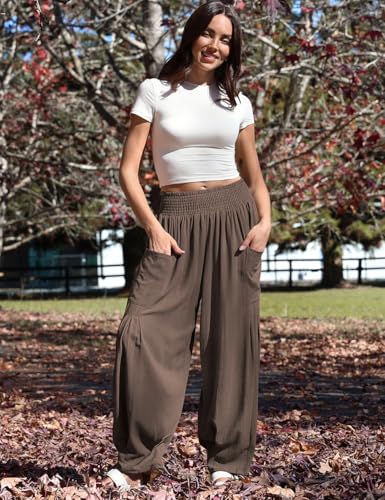 Image of TARSE Women's Linen Wide Leg Pants Baggy High Waist Palazzo Pants | Barrel Leg Fit, Harem Patch Pockets, Loose Casual Style, Breathable Fabric, Vacation Ready