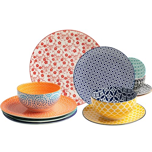 LEHAHA 12 Pieces Ceramic Dinnerware Sets, Porcelain Round Dinner Set for 4, Microwave and Dishwasher Safe Plates and Bowls Dishes Sets, Kitchen Dinner Dinning Ware Set, Assorted Colors