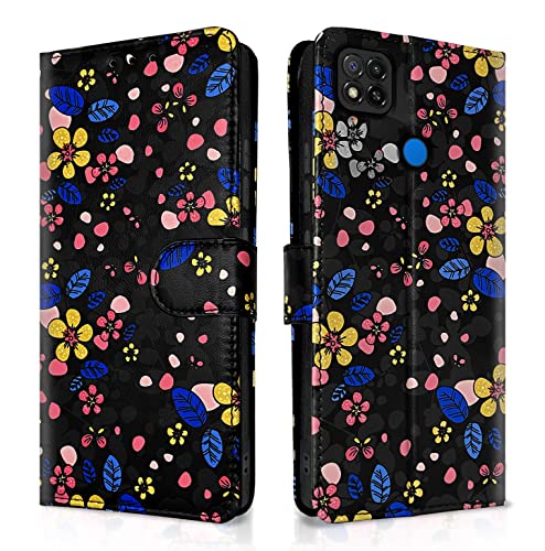 Pikkme Mi Redmi 10A / 10A Sport/Redmi 9 / Redmi 9 Activ / 9C / Poco C31 Flip Cover for Girls Leather Finish | Inside TPU with Card Pockets | Wallet Stand and Shock Proof | Flip Case (Black Flower)- Best and cheap mobile covers in India