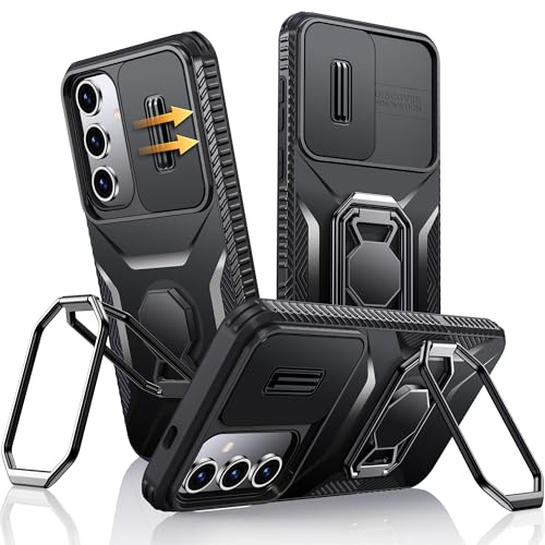 XYZ für Samsung Galaxy A55 5G Hülle mit Schiebekamera Abdeckung, Handyhülle Doppelring Ständer, Schwerlast Stoßfestes Robustes Stoßfänger SchutzHülle Samsung A55 5G Case - Schwarz