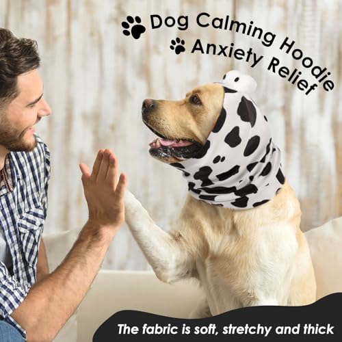 Image of SAWMONG Dog Calming Hoodie with Ear Covers for Noise, Fireworks & Anxiety Relief, No Shake Ear Wraps, Dog Ear Muffs & Protector, Pet Grooming and Force Drying, Cow, Medium