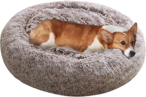 Image of JOLLYVOGUE Faux Fur Dog Bed, Calming Anti-Anxiety Large Dog Bed, Fluffy Donut Cushion for Medium and Large Pets (27 inch /30 inch /36 inch), Brown