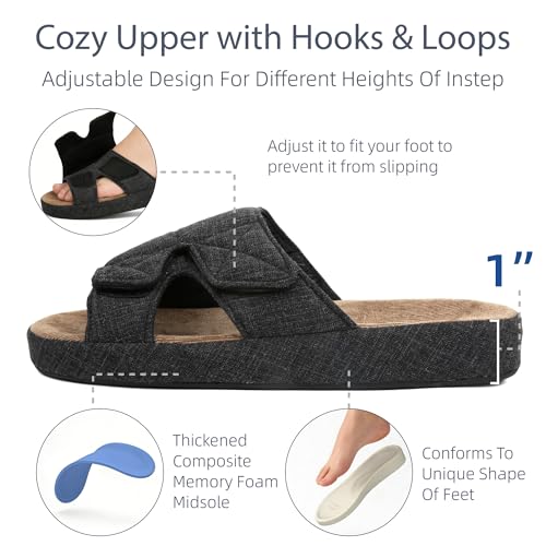 Image of Adjustable House Slippers for Men with Arch Support Rubber Sole | Thick Memory Foam Insole Indoor Outdoor Slides Breathable Fabric Material